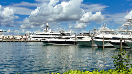 Miami downtown marina with impressive yacht boat. Luxury yacht moored on Lauderdale canal....