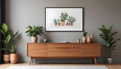 A modern living room with a wooden sideboard, a potted plant, and a blank framed wall art.