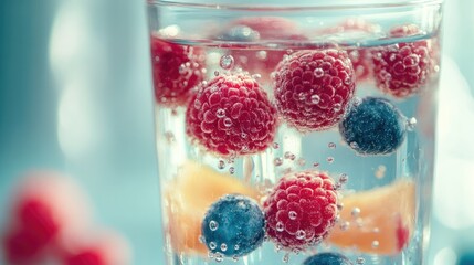 Close-up of a glass of fruit-infused water with floating berries