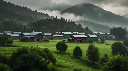 Scenic landscape image featuring a lush, green hillside dotted with several small buildings with metal roofs. The buildings are nestled among dense trees and vegetation