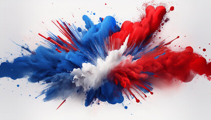 Labor day Red, White and Blue colored dust explosion background. Splash of American flag colors smoke dust on white background, Independence Day, Memorial Day patriotic abstract pattern