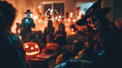 A spooky Halloween party with people in costumes, carved pumpkins, and festive decorations creating a fun and eerie atmosphere.