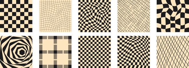 Black and white groovy psychedelic checkerboard set in trendy retro 1970s style. Y2k aesthetic. Vector illustrations isolated on white background.