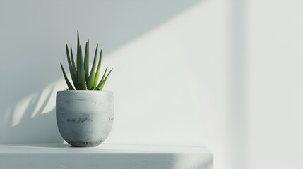 A potted plant sitting on a white shelf ,White Desk with Books, Plant, and Coffee 