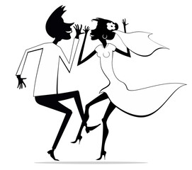 Dancing married wedding couple. 
Heart symbol and dancing happy man and woman in the white dress and wedding veil. Isolated on white background
