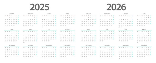 Calendar 2025, calendar 2026 week start Monday corporate design planner template.