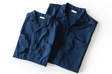 Flat lay of two navy blue satin shirts on white background