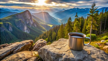 Freshly brewed coffee in a camping mug sits on a rocky mountain summit, surrounded by lush greenery and a breathtaking panoramic view.