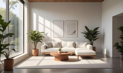 Fototapeta premium A modern living room with white walls, large windows, and natural light streaming in. The room features a white sofa, and a wooden coffee table.
