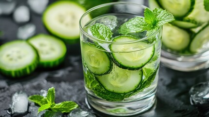 Refreshing cucumber water in a glass with mint leaves