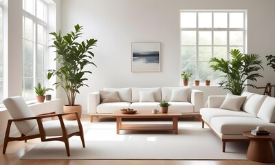Fototapeta premium A modern living room with white walls, large windows, and natural light streaming in. The room features a white sofa, and a wooden coffee table.