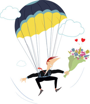 recommend clip art: Falling in love skydiver man. 
                    Cartoon skydiver man holding a bunch of flowers. Isolated on white background
                    