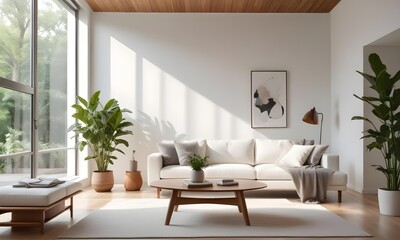 Fototapeta premium A modern living room with white walls, large windows, and natural light streaming in. The room features a white sofa, and a wooden coffee table.