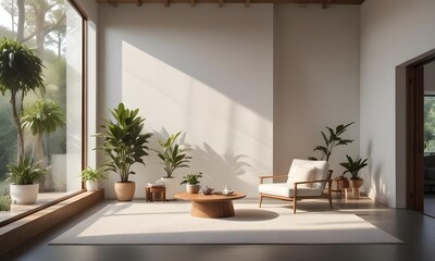 Fototapeta premium A modern living room with white walls, large windows, and natural light streaming in. The room features a white sofa, and a wooden coffee table.