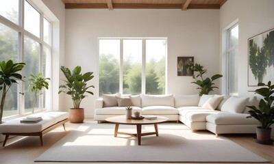 A modern living room with white walls, large windows, and natural light streaming in. The room features a white sofa, and a wooden coffee table.