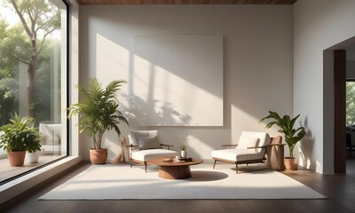 Fototapeta premium A modern living room with white walls, large windows, and natural light streaming in. The room features a white sofa, and a wooden coffee table.
