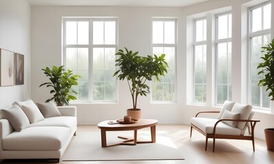 Naklejka premium A modern living room with white walls, large windows, and natural light streaming in. The room features a white sofa, and a wooden coffee table.