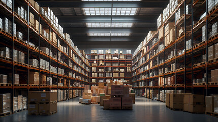Fototapeta premium Warehouse industrial and logistics companies Empty warehouse, view down the asile with shelves and boxes Huge distribution warehouse with high shelves, Generative AI