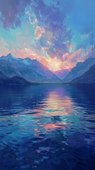 Obraz premium lake with mountains landscape illustration abstract art decorative painting background
