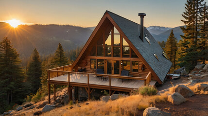 A charming A frame mountain cabin perched on a rocky