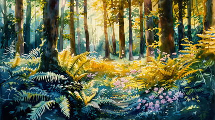 Vibrant watercolor of a woodland garden, blooming ferns, forest floor, warm afternoon light ,Ultra-High Detail, Ultra-Realistic