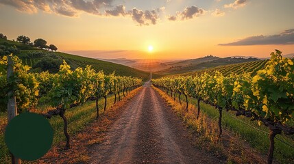 Naklejka premium A road through a vineyard, with grapevines stretching to the horizon under a sparkling afternoon sun.