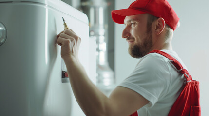 A heating engineer is repairing a boiler in a house. Boiler repair services or installation, HVAC, central heating system, gas heating house concepts. 