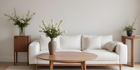A minimalist living room with a white sofa, a wooden side table, and a vase of flowers on the table.