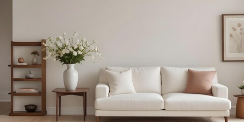 A minimalist living room with a white sofa, a wooden side table, and a vase of flowers on the table.