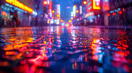 Fototapeta premium A rainy city street illuminated by vibrant neon lights, creating a colorful reflection on the wet pavement at night.