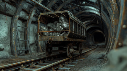 Obraz premium A silver mine tunnel with a mining cart on rails filled with shiny, glossy silver nuggets. refining of silver, prospecting concepts. 
