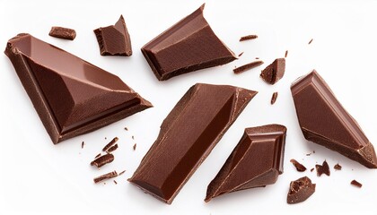 Flying Dark chocolate pieces isolated on white background. Broken chocolate chunks Top view. Flat lay.