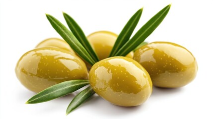 Fresh green olives with leaves on white background