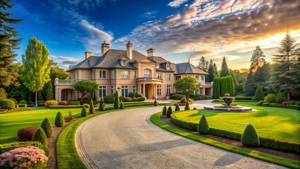 Naklejka premium Grand, luxurious mansion with sprawling manicured lawn and curved, paved driveway lined with tall trees and ornate stone pillars on a sunny afternoon.