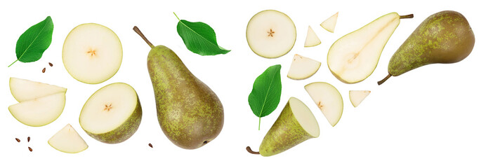 Green conference pear isolated on white background. Top view with copy space for your text. Flat lay