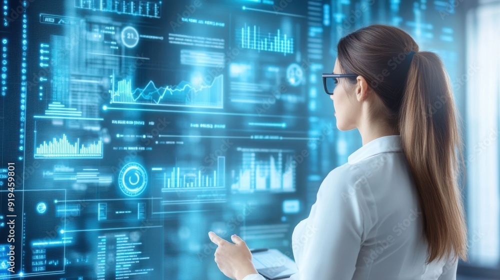 Poster a woman is looking at a computer screen with a lot of graphs and numbers