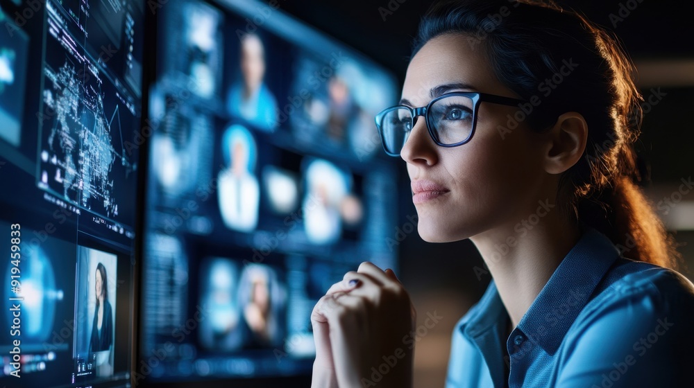 Poster a woman is looking at a computer screen with multiple images on it
