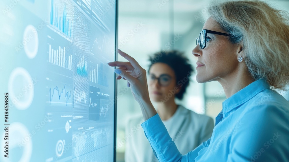 Poster a woman is pointing at a computer screen with a lot of graphs and numbers