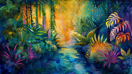 Watercolor of a whimsical garden with broad, radiant vistas and glowing, fantastical plants
