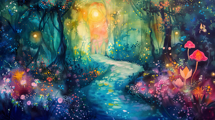Watercolor of a whimsical garden with glowing, magical paths and ethereal, fantastical flowers