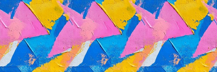 Closeup of abstract rough colorful multicolored geometric triangular triangles art painting texture 3d wallpaper, with oil acrylic brushstroke, pallet knife paint on canvas, seamless pattern