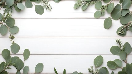 A minimalistic arrangement features vibrant green leaves on a white wooden backdrop, perfect for a rustic wedding invitation or decoration
