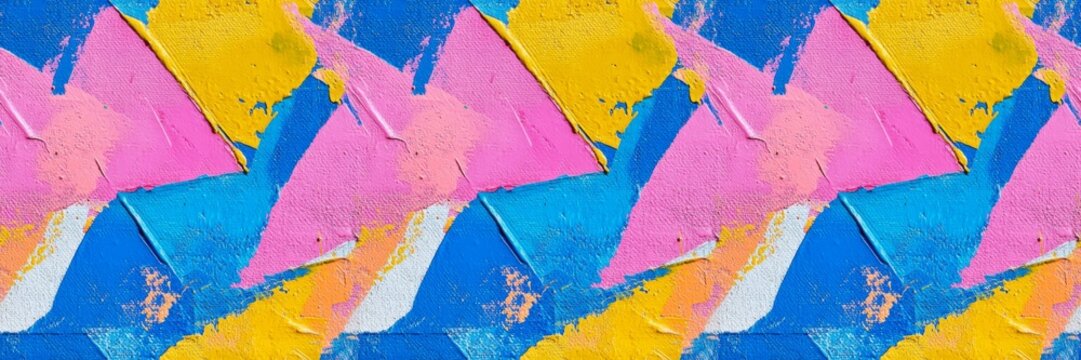 Closeup of abstract rough colorful multicolored geometric triangular triangles art painting texture 3d wallpaper, with oil acrylic brushstroke, pallet knife paint on canvas, seamless pattern