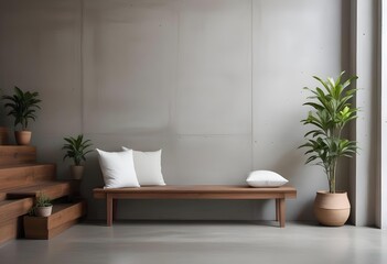 A modern minimalist living room with a wooden bench, white pillows, and potted plants against a concrete wall.