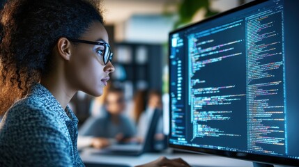A woman is working on a computer screen with a lot of code on it