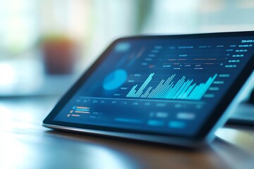 A close-up of a tablet displaying real-time sales data, with graphs showing upward trends, mobile, efficient