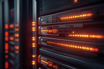 A close-up of a server rack with blinking lights, representing data processing and storage, cool, efficient