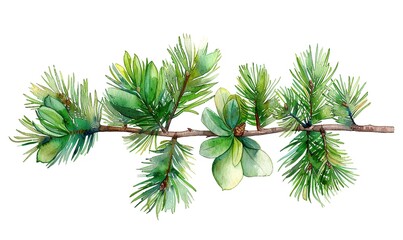 pine branch watercolor isolated illustration green natural forest christmas tree needles branches greenery hand drawn holiday decor with fir branch holiday celebration decoration for 2024 new year.