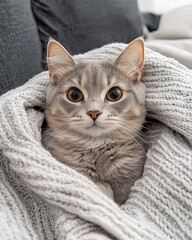 Naklejka premium Cat resting on a bed with a soft blanket, peaceful and cozy family setting, taken with Sony Alpha A7 III, copy space for text, more clarity with clear light and sharp focus, high detailed