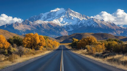 A scenic mountain pass with snow-capped peaks sparkling in the distance under a clear blue sky.